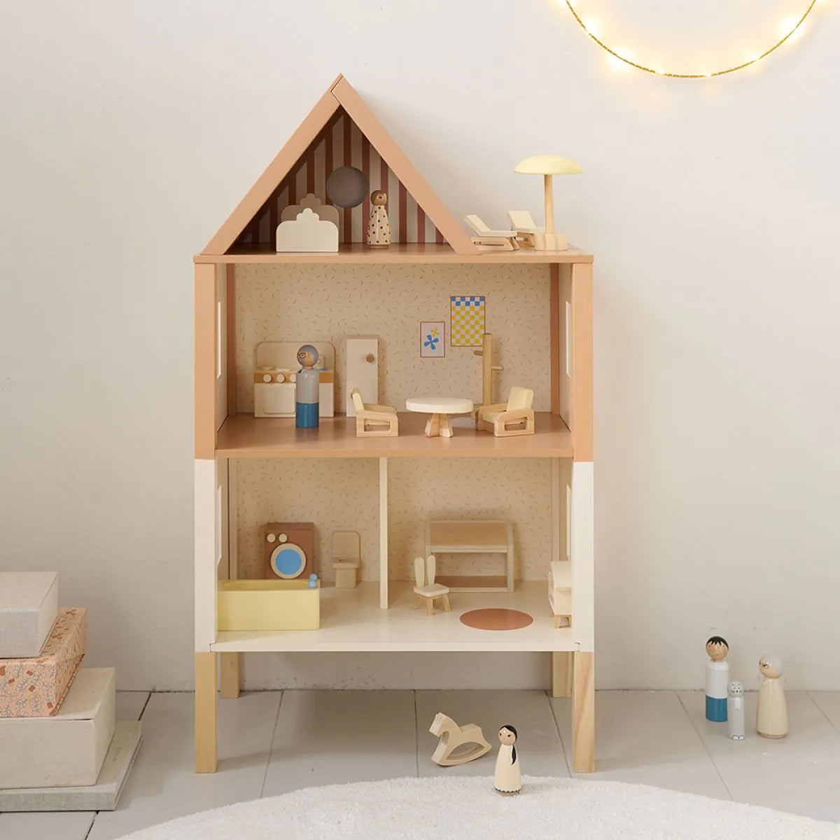 Maison de Poupées en Bois avec Ensemble de 17 Meubles